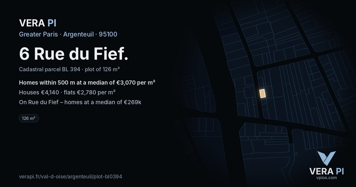 6 Rue du Fief, Argenteuil at night – the plot lit, the parcels around coloured by the prices near them