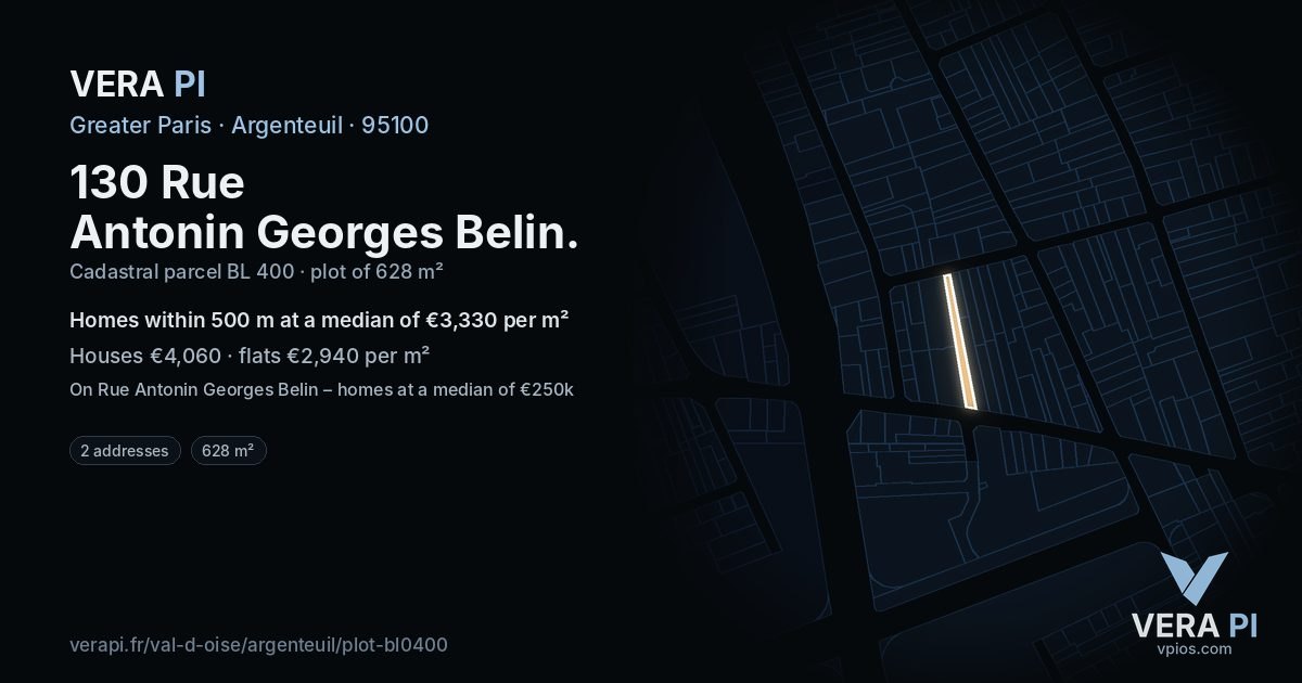 130 Rue Antonin Georges Belin, Argenteuil at night – the plot lit, the parcels around coloured by the prices near them