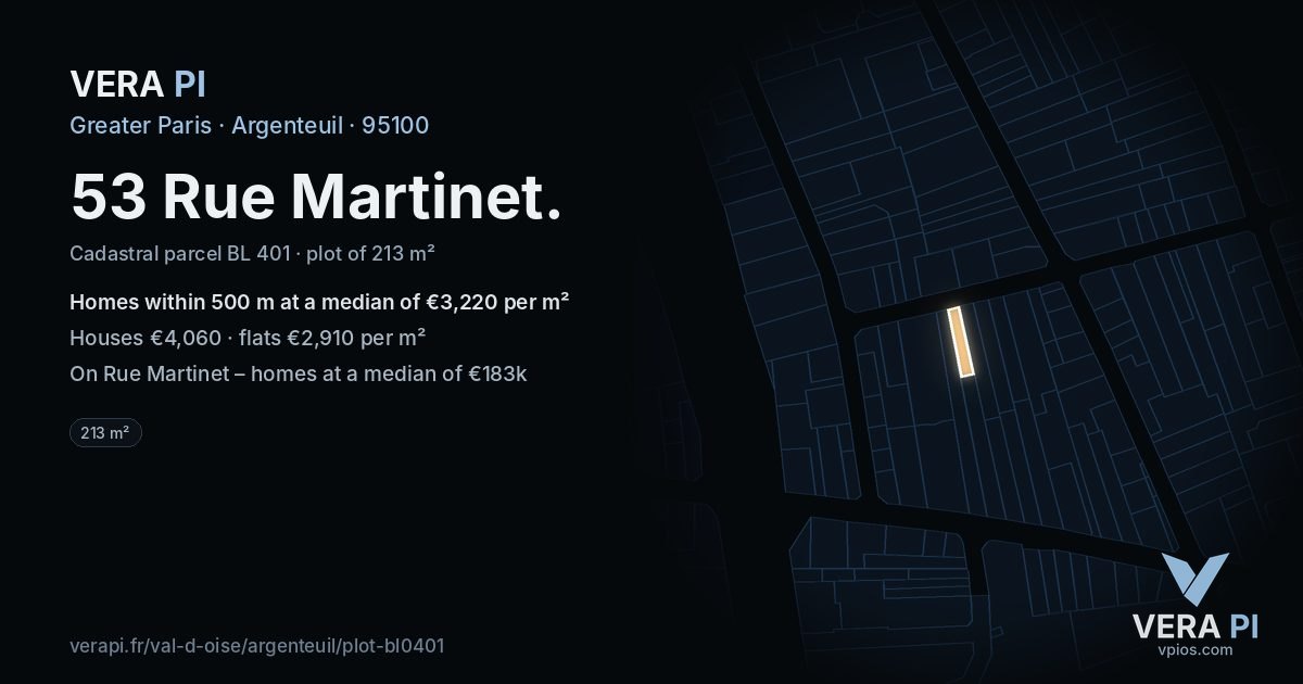 53 Rue Martinet, Argenteuil at night – the plot lit, the parcels around coloured by the prices near them