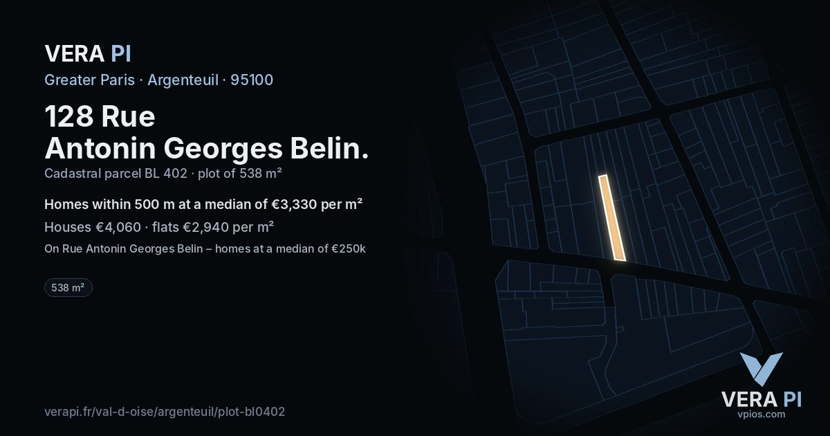 128 Rue Antonin Georges Belin, Argenteuil at night – the plot lit, the parcels around coloured by the prices near them