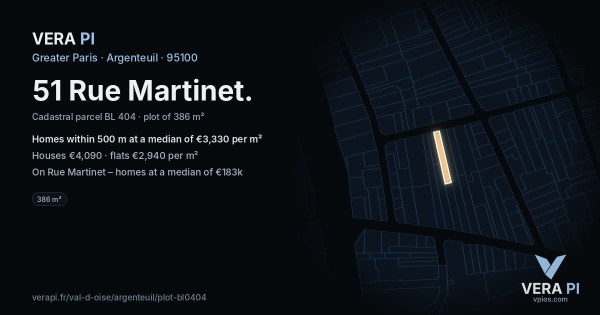 51 Rue Martinet, Argenteuil at night – the plot lit, the parcels around coloured by the prices near them
