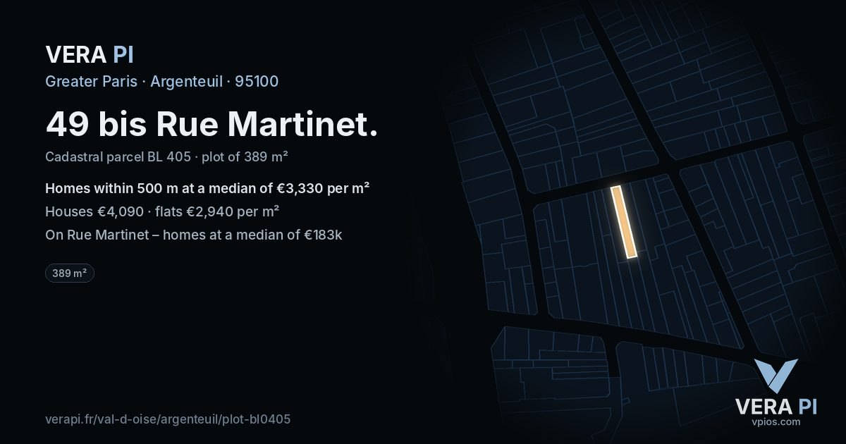 49 bis Rue Martinet, Argenteuil at night – the plot lit, the parcels around coloured by the prices near them