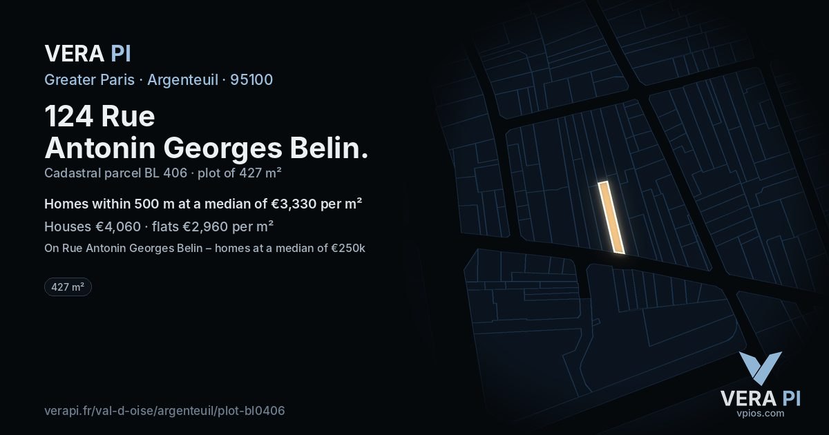 124 Rue Antonin Georges Belin, Argenteuil at night – the plot lit, the parcels around coloured by the prices near them
