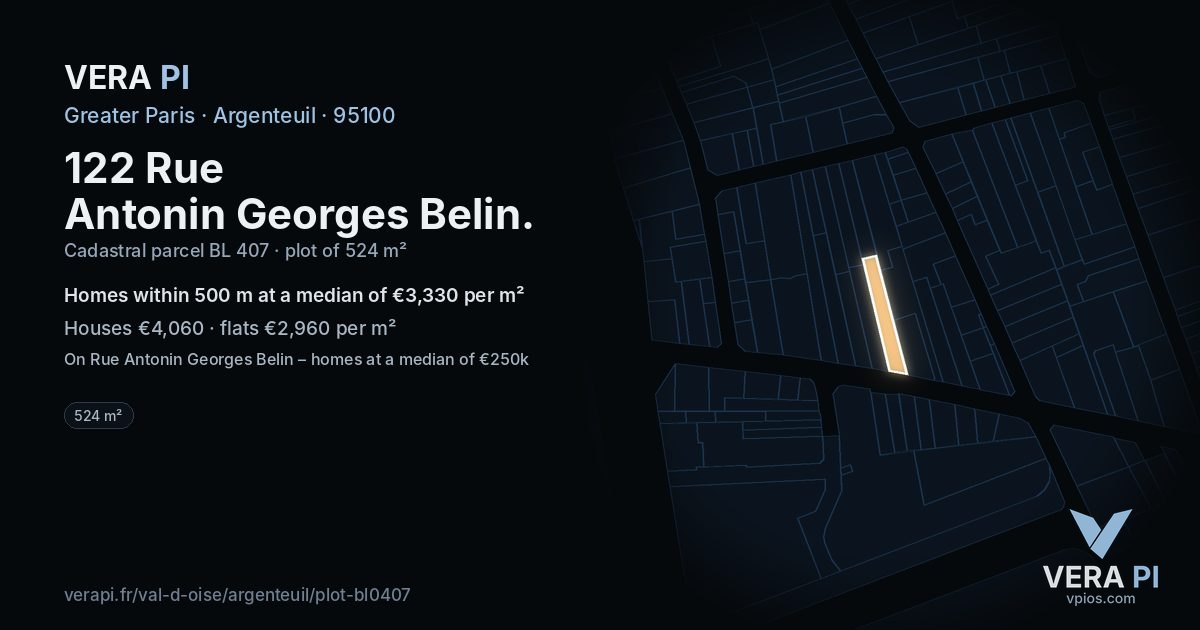 122 Rue Antonin Georges Belin, Argenteuil at night – the plot lit, the parcels around coloured by the prices near them