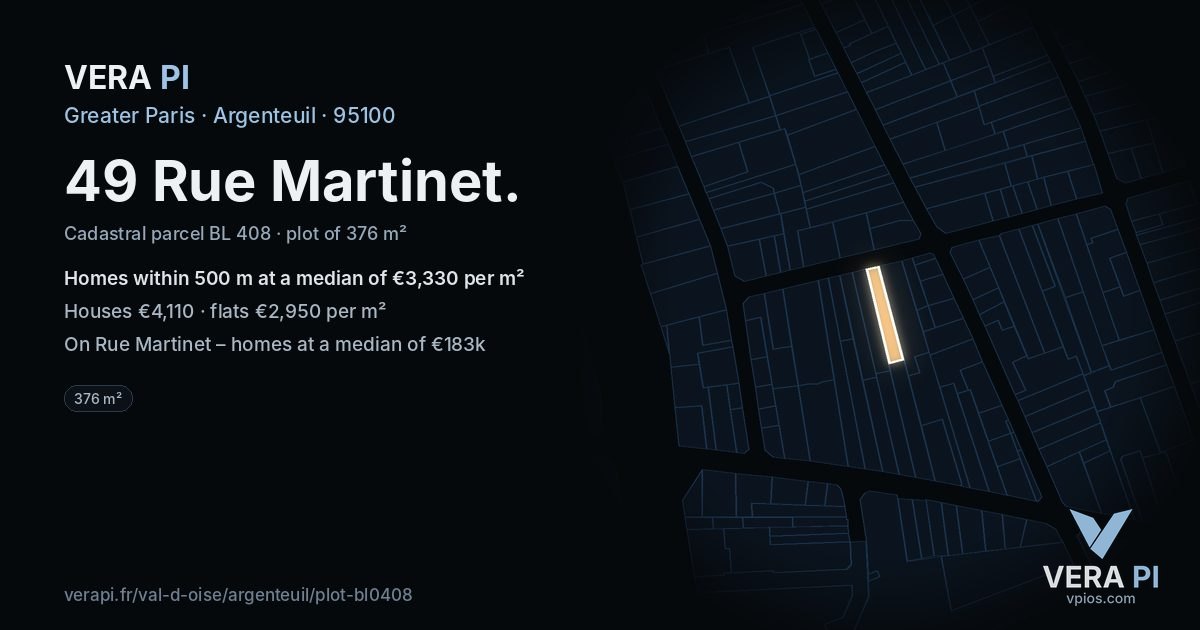 49 Rue Martinet, Argenteuil at night – the plot lit, the parcels around coloured by the prices near them