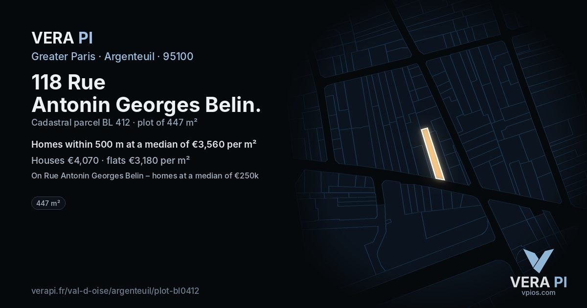 118 Rue Antonin Georges Belin, Argenteuil at night – the plot lit, the parcels around coloured by the prices near them