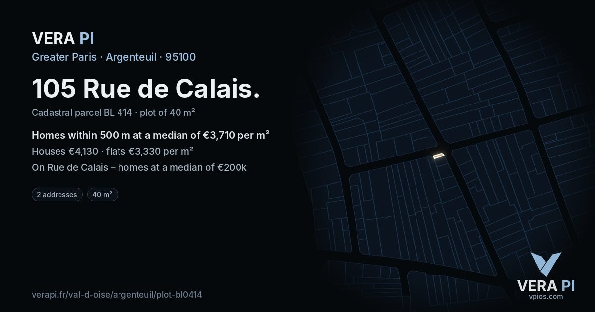 105 Rue de Calais, Argenteuil at night – the plot lit, the parcels around coloured by the prices near them