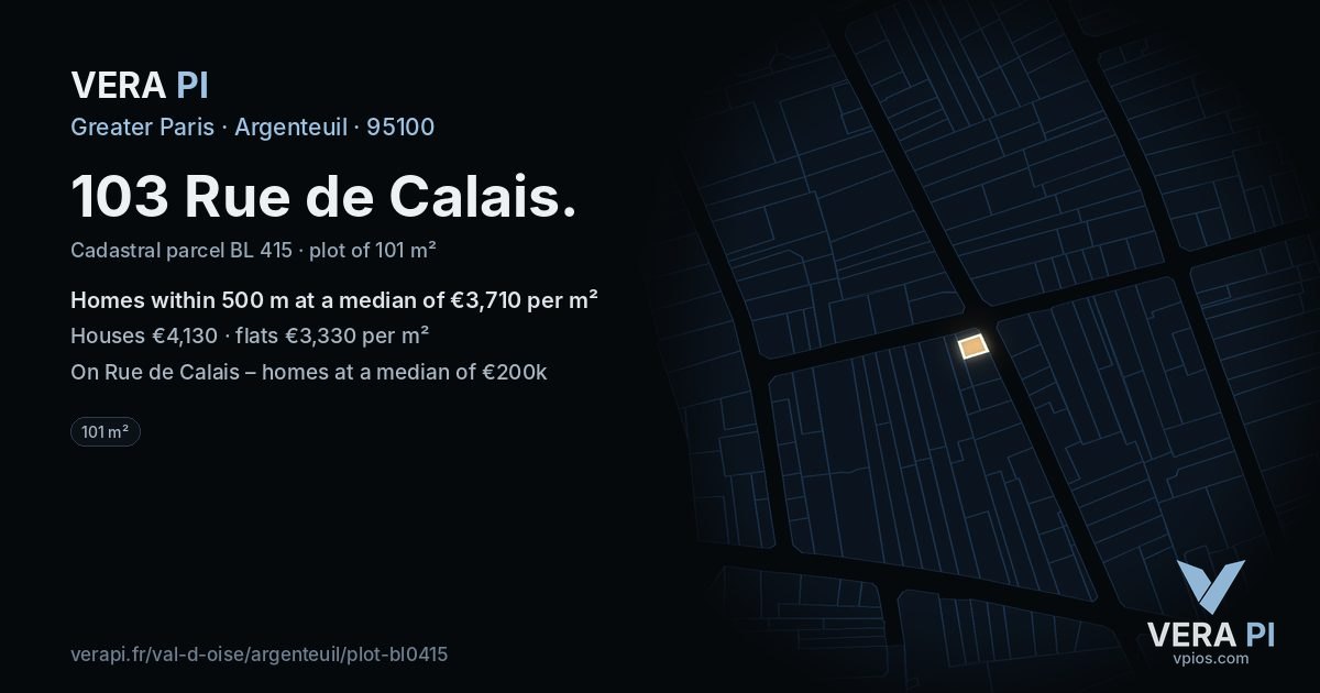 103 Rue de Calais, Argenteuil at night – the plot lit, the parcels around coloured by the prices near them