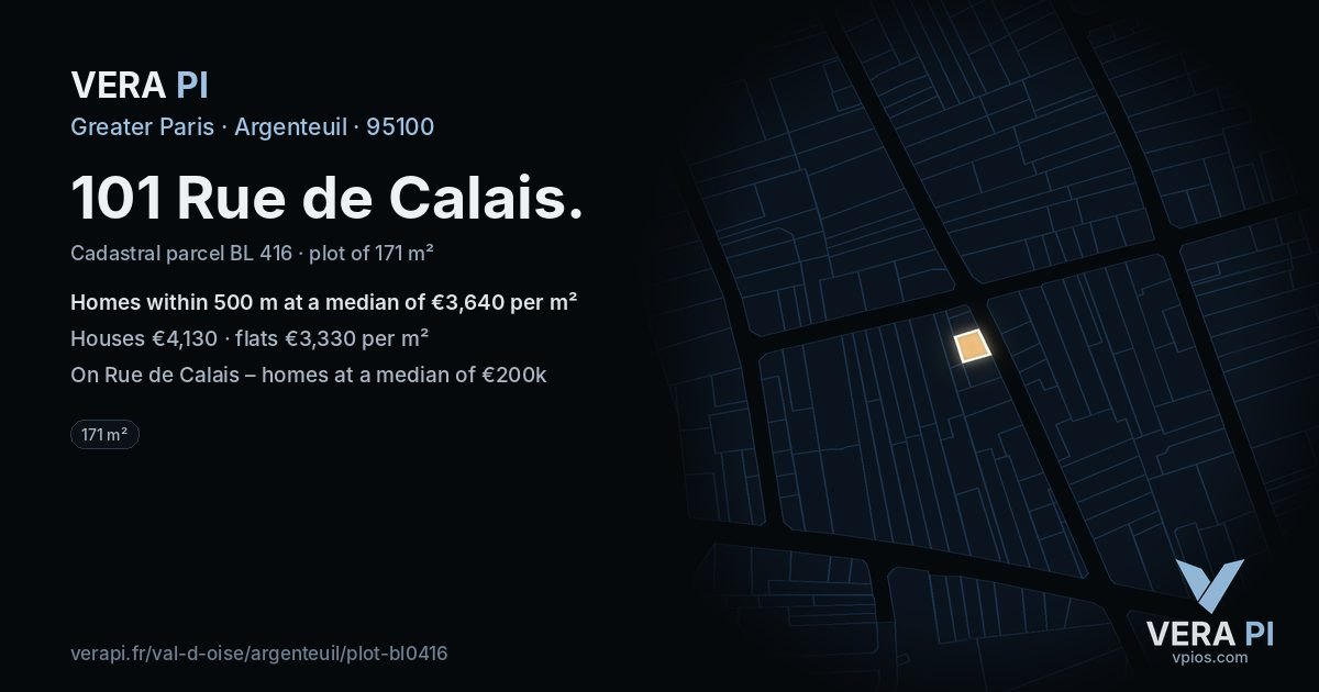 101 Rue de Calais, Argenteuil at night – the plot lit, the parcels around coloured by the prices near them