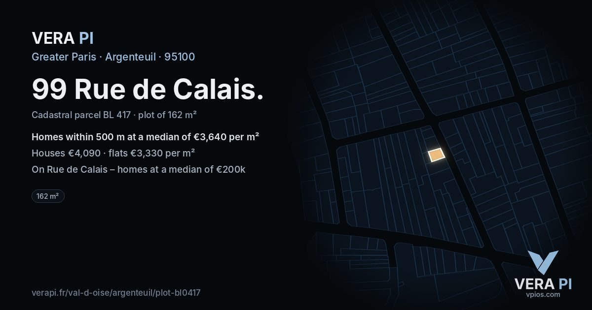 99 Rue de Calais, Argenteuil at night – the plot lit, the parcels around coloured by the prices near them