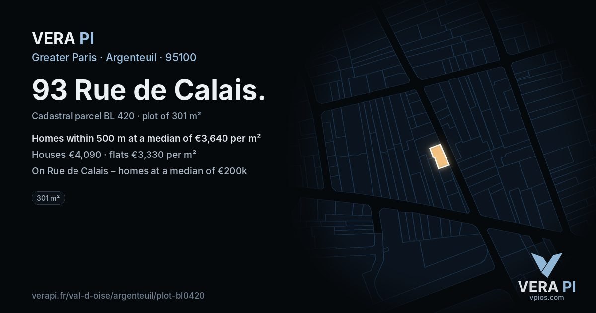 93 Rue de Calais, Argenteuil at night – the plot lit, the parcels around coloured by the prices near them