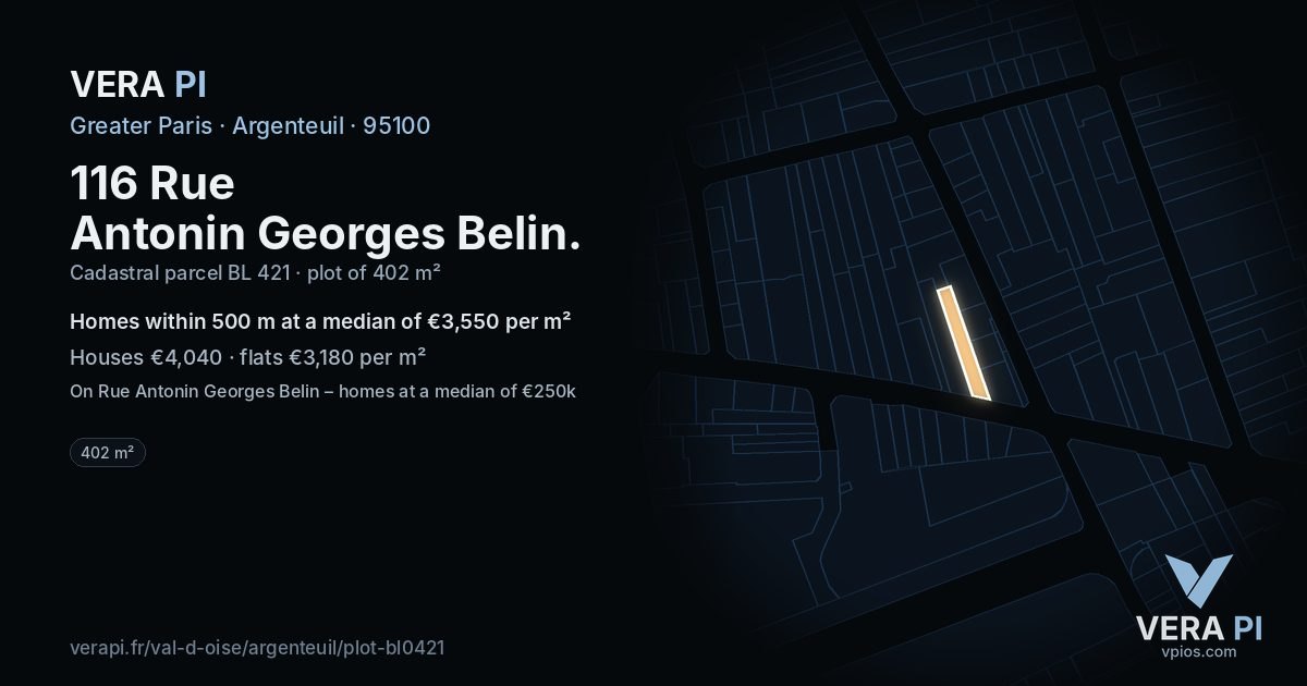 116 Rue Antonin Georges Belin, Argenteuil at night – the plot lit, the parcels around coloured by the prices near them