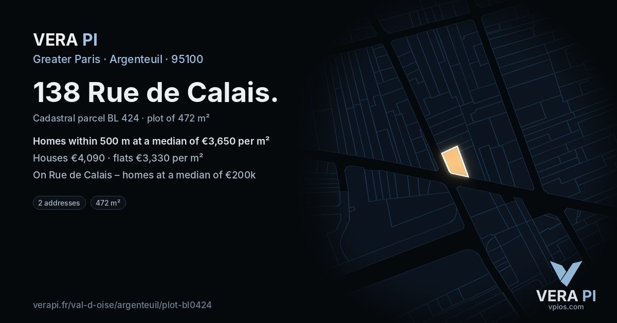 138 Rue de Calais, Argenteuil at night – the plot lit, the parcels around coloured by the prices near them