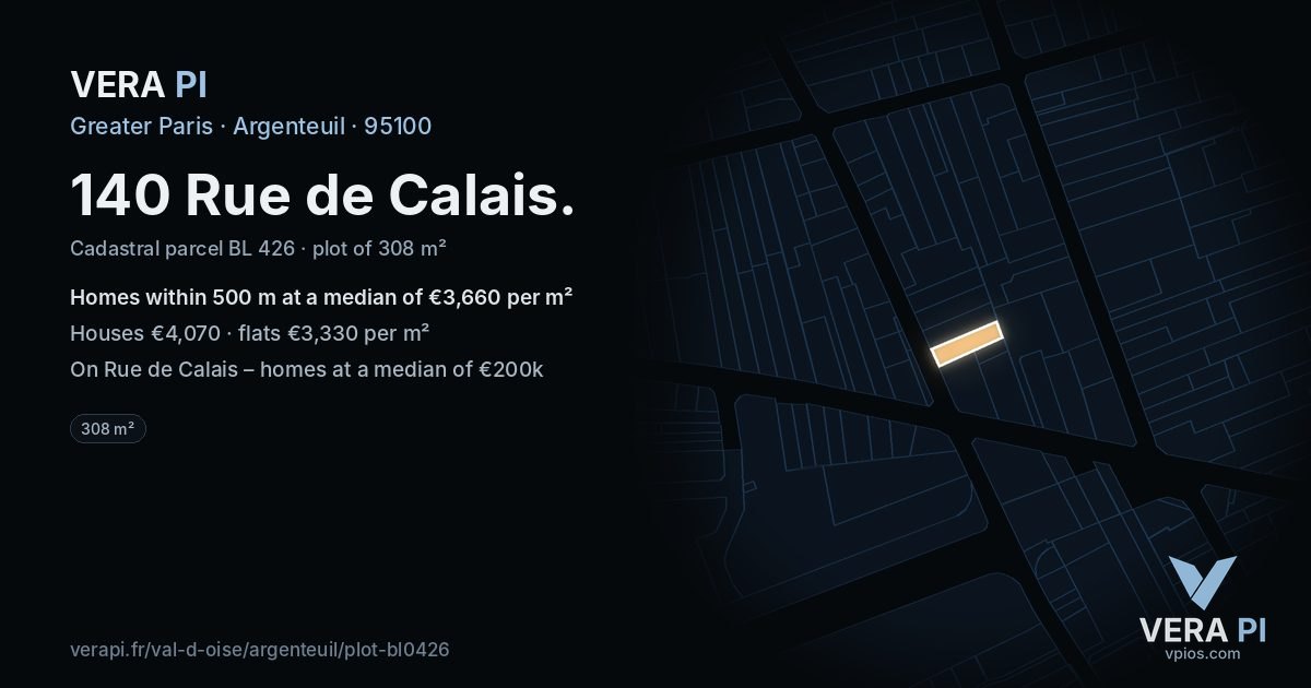 140 Rue de Calais, Argenteuil at night – the plot lit, the parcels around coloured by the prices near them