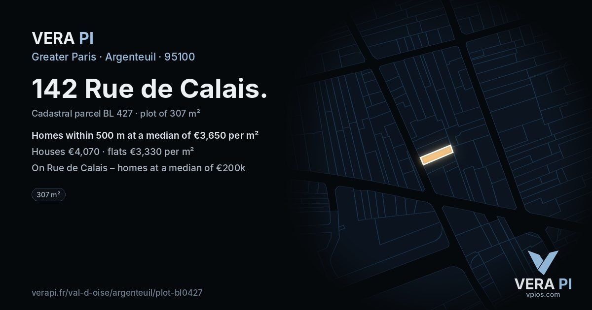 142 Rue de Calais, Argenteuil at night – the plot lit, the parcels around coloured by the prices near them