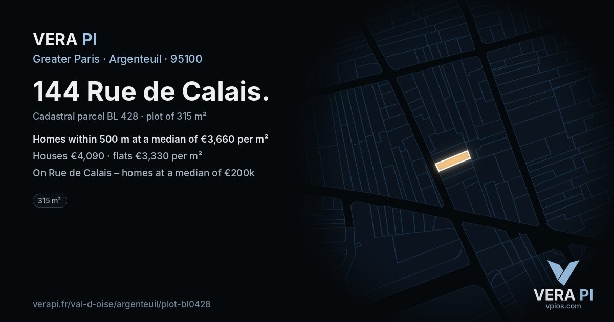 144 Rue de Calais, Argenteuil at night – the plot lit, the parcels around coloured by the prices near them
