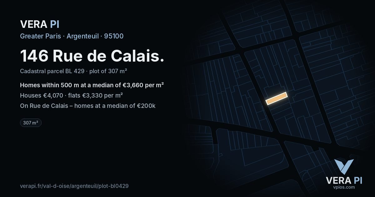 146 Rue de Calais, Argenteuil at night – the plot lit, the parcels around coloured by the prices near them