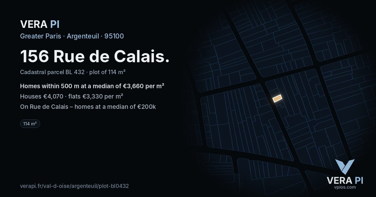 156 Rue de Calais, Argenteuil at night – the plot lit, the parcels around coloured by the prices near them