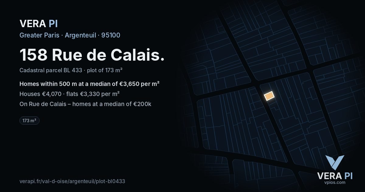 158 Rue de Calais, Argenteuil at night – the plot lit, the parcels around coloured by the prices near them