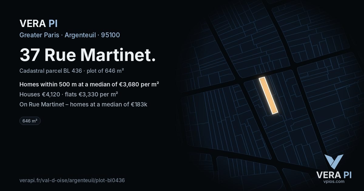 37 Rue Martinet, Argenteuil at night – the plot lit, the parcels around coloured by the prices near them