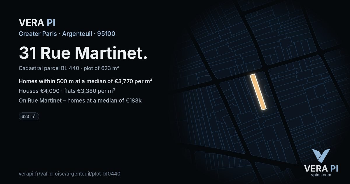 31 Rue Martinet, Argenteuil at night – the plot lit, the parcels around coloured by the prices near them