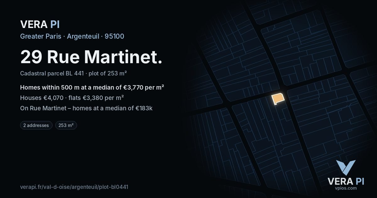 29 Rue Martinet, Argenteuil at night – the plot lit, the parcels around coloured by the prices near them