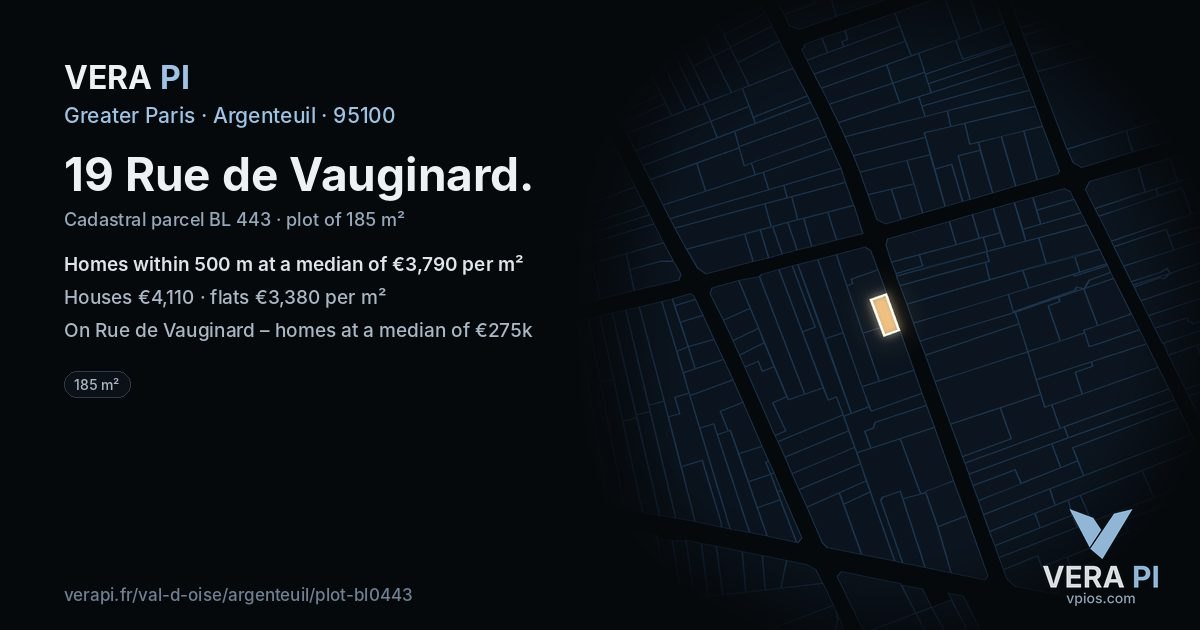 19 Rue de Vauginard, Argenteuil at night – the plot lit, the parcels around coloured by the prices near them