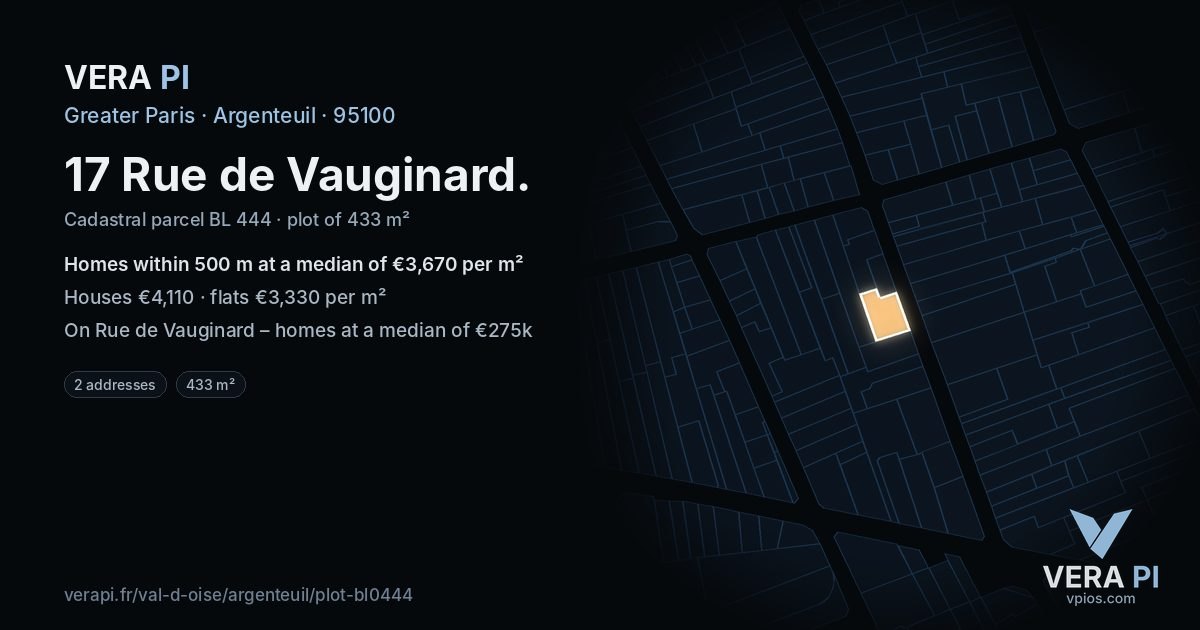 17 Rue de Vauginard, Argenteuil at night – the plot lit, the parcels around coloured by the prices near them