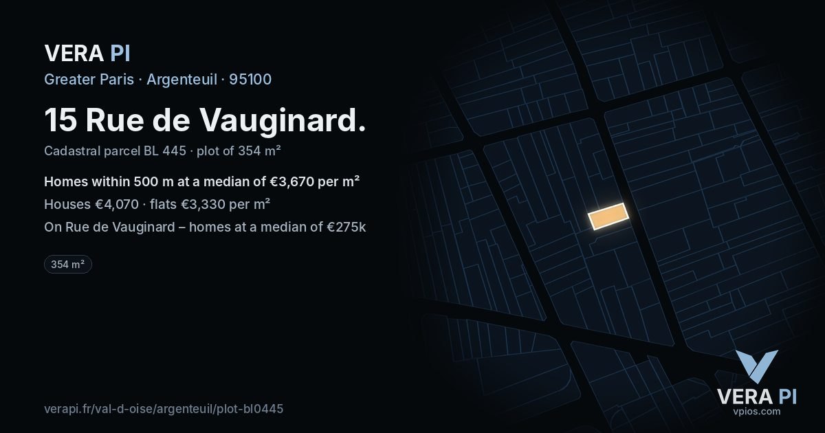 15 Rue de Vauginard, Argenteuil at night – the plot lit, the parcels around coloured by the prices near them