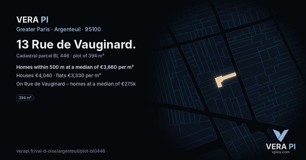 13 Rue de Vauginard, Argenteuil at night – the plot lit, the parcels around coloured by the prices near them