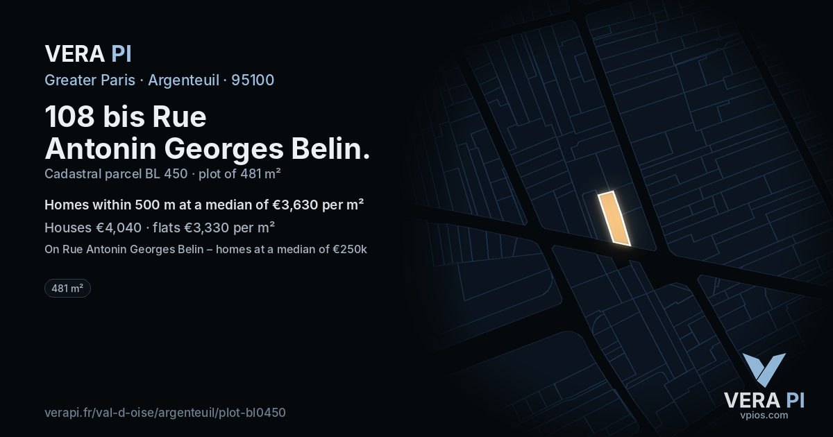 108 bis Rue Antonin Georges Belin, Argenteuil at night – the plot lit, the parcels around coloured by the prices near them