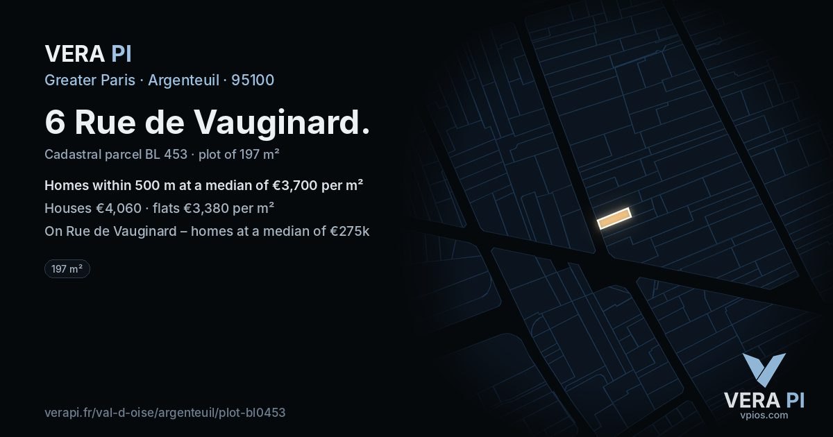 6 Rue de Vauginard, Argenteuil at night – the plot lit, the parcels around coloured by the prices near them