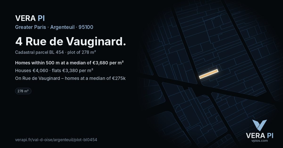 4 Rue de Vauginard, Argenteuil at night – the plot lit, the parcels around coloured by the prices near them