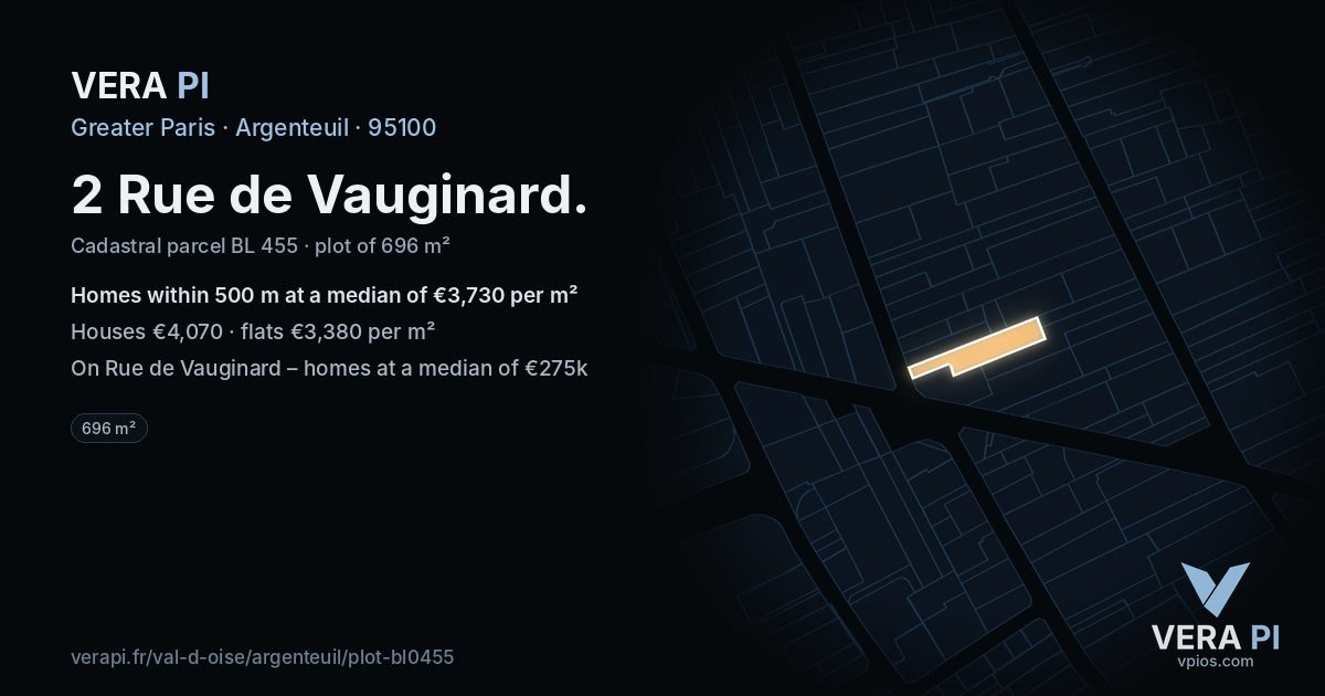 2 Rue de Vauginard, Argenteuil at night – the plot lit, the parcels around coloured by the prices near them