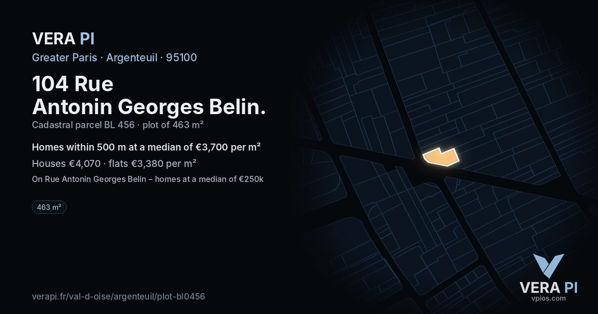 104 Rue Antonin Georges Belin, Argenteuil at night – the plot lit, the parcels around coloured by the prices near them