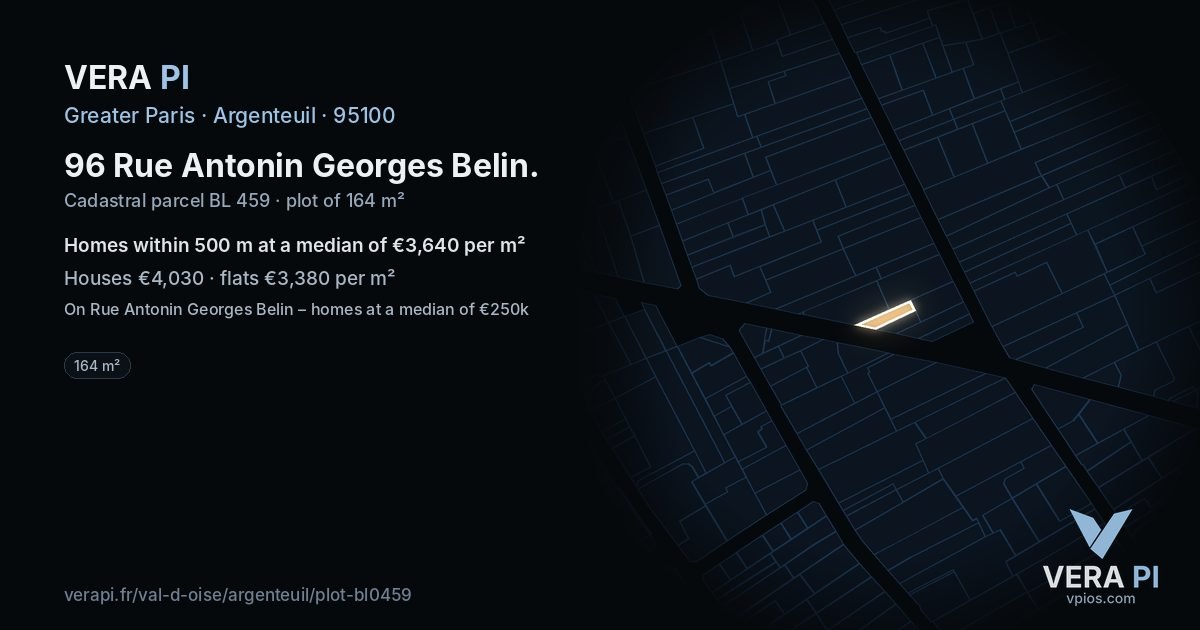 96 Rue Antonin Georges Belin, Argenteuil at night – the plot lit, the parcels around coloured by the prices near them