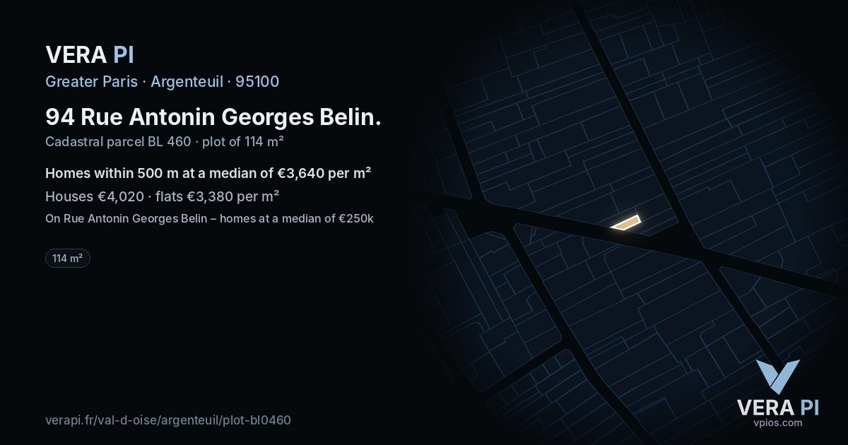 94 Rue Antonin Georges Belin, Argenteuil at night – the plot lit, the parcels around coloured by the prices near them
