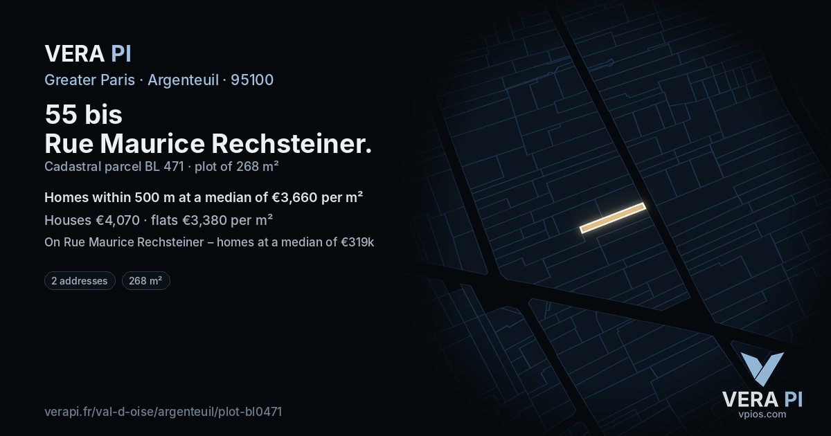 55 bis Rue Maurice Rechsteiner, Argenteuil at night – the plot lit, the parcels around coloured by the prices near them