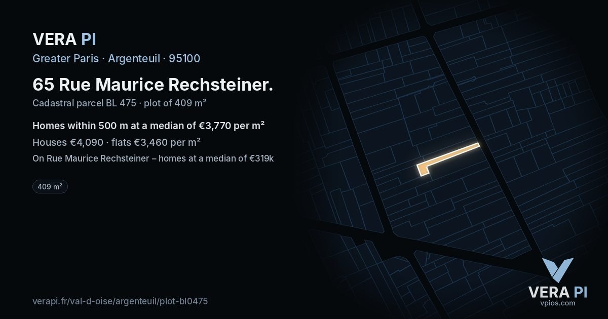 65 Rue Maurice Rechsteiner, Argenteuil at night – the plot lit, the parcels around coloured by the prices near them