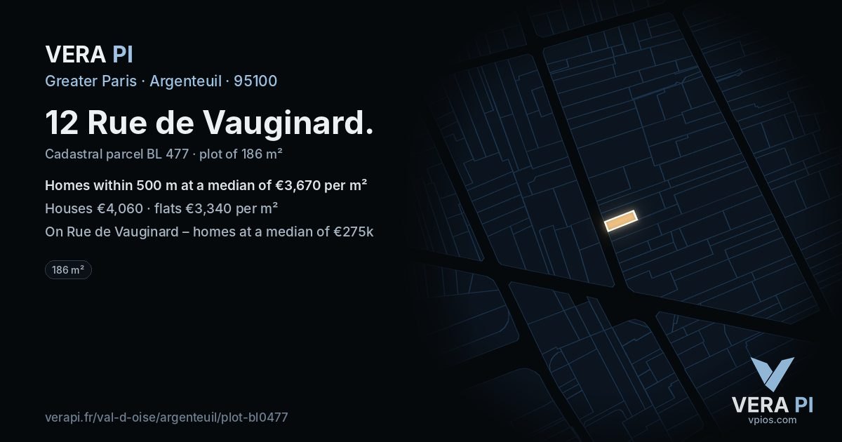 12 Rue de Vauginard, Argenteuil at night – the plot lit, the parcels around coloured by the prices near them