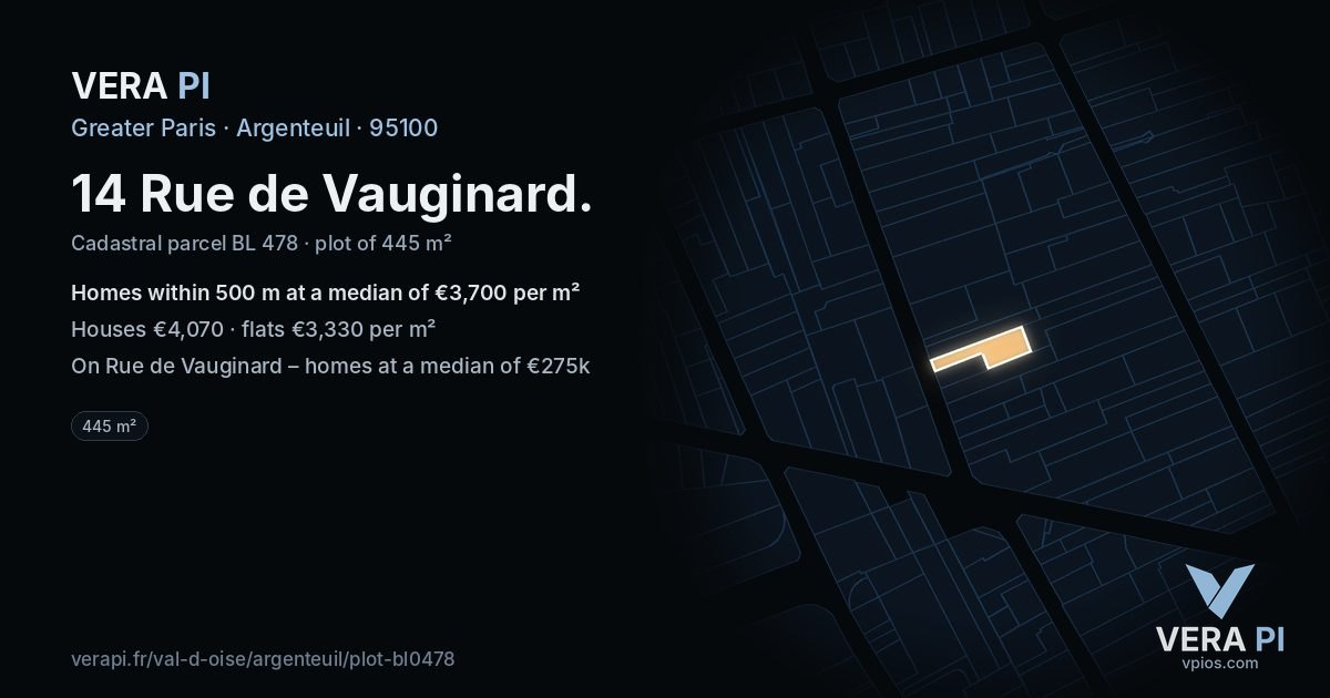 14 Rue de Vauginard, Argenteuil at night – the plot lit, the parcels around coloured by the prices near them