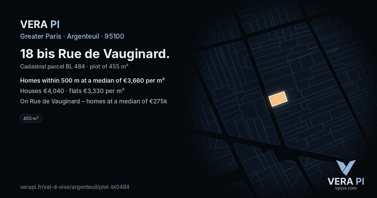 18 bis Rue de Vauginard, Argenteuil at night – the plot lit, the parcels around coloured by the prices near them