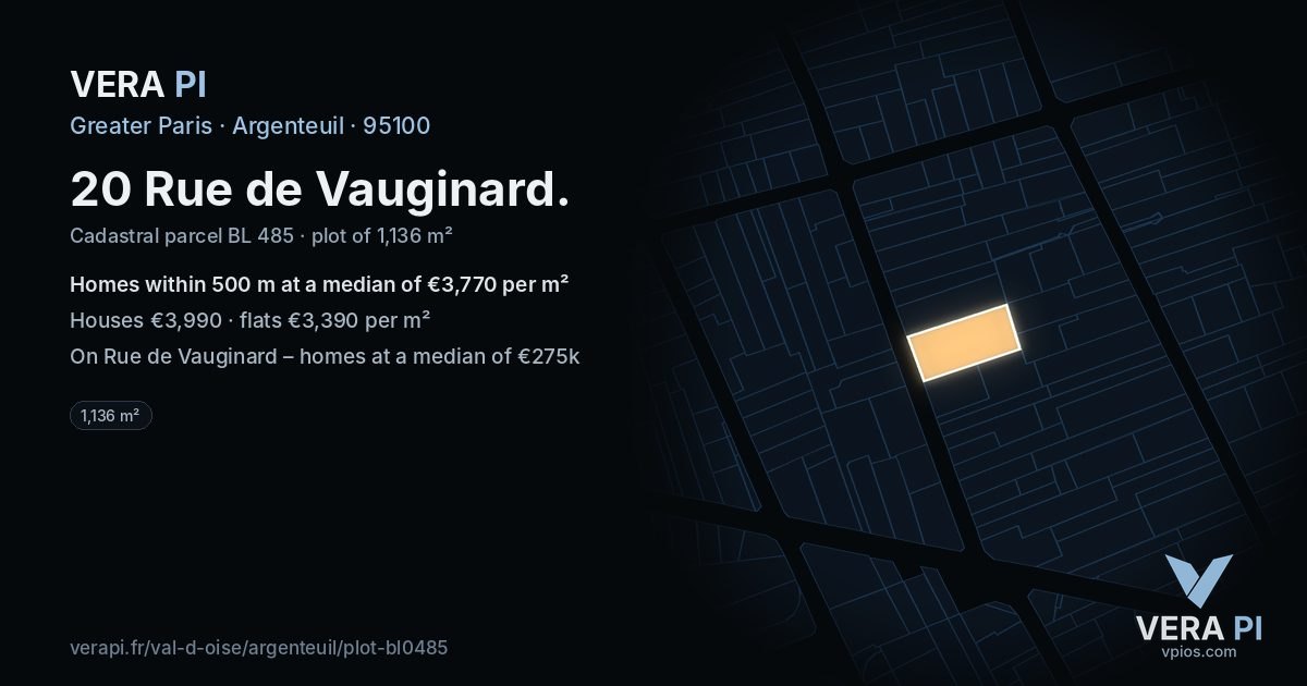 20 Rue de Vauginard, Argenteuil at night – the plot lit, the parcels around coloured by the prices near them