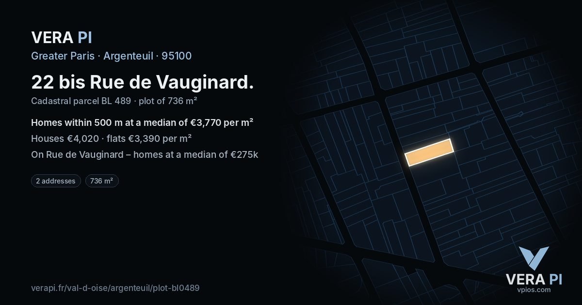 22 bis Rue de Vauginard, Argenteuil at night – the plot lit, the parcels around coloured by the prices near them