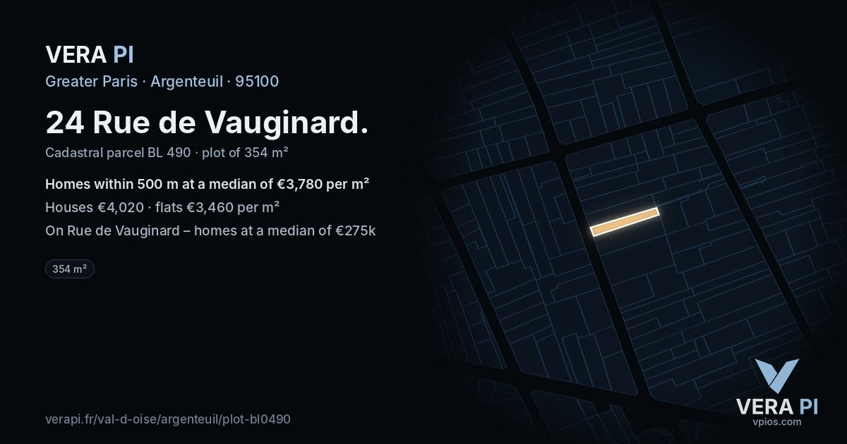24 Rue de Vauginard, Argenteuil at night – the plot lit, the parcels around coloured by the prices near them
