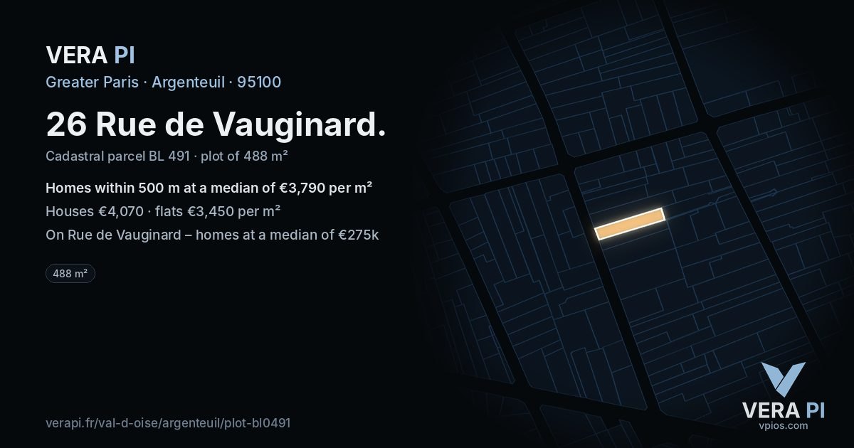 26 Rue de Vauginard, Argenteuil at night – the plot lit, the parcels around coloured by the prices near them