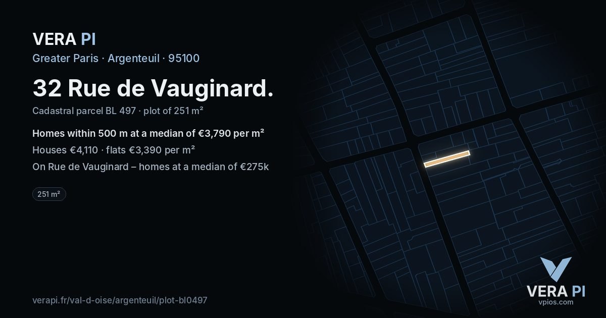 32 Rue de Vauginard, Argenteuil at night – the plot lit, the parcels around coloured by the prices near them