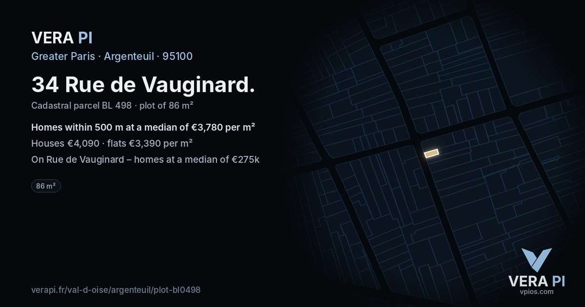 34 Rue de Vauginard, Argenteuil at night – the plot lit, the parcels around coloured by the prices near them