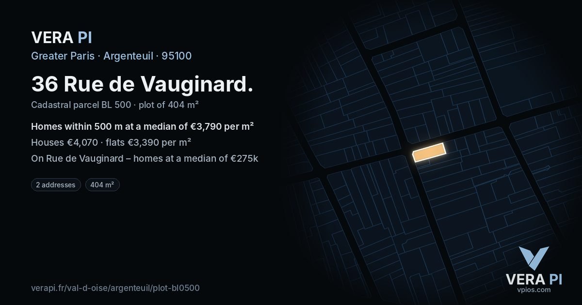 36 Rue de Vauginard, Argenteuil at night – the plot lit, the parcels around coloured by the prices near them