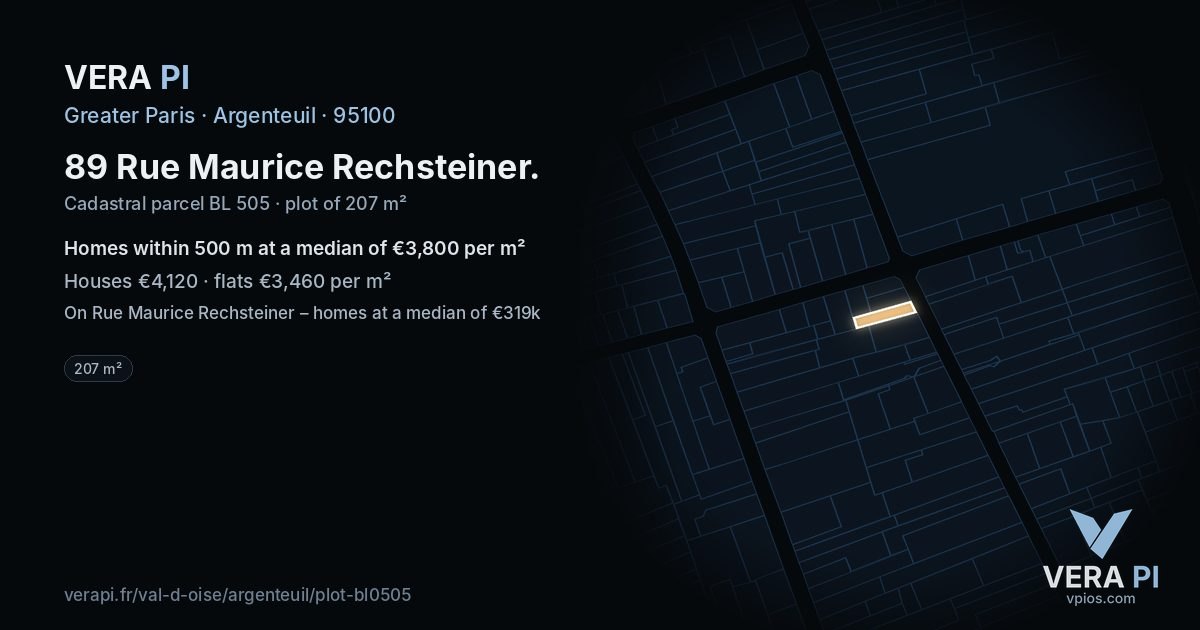 89 Rue Maurice Rechsteiner, Argenteuil at night – the plot lit, the parcels around coloured by the prices near them